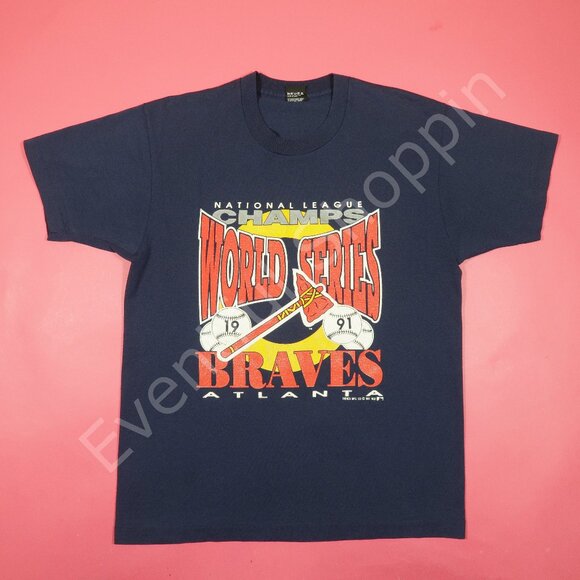 Vintage Screen Stars Atlanta Braves NL Champs 91 Shirt Men XL Blue Single Stitch - Picture 2 of 7